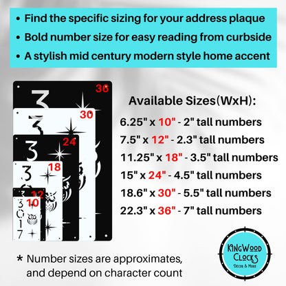 Product description for address plaque with size chart and Kingwood Clocks logo.