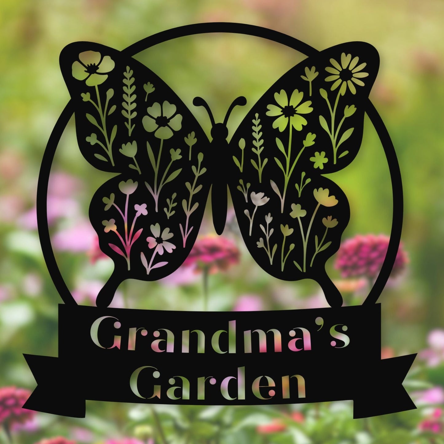 Butterfly-shaped sign with 'Grandma's Garden' text against a garden background
