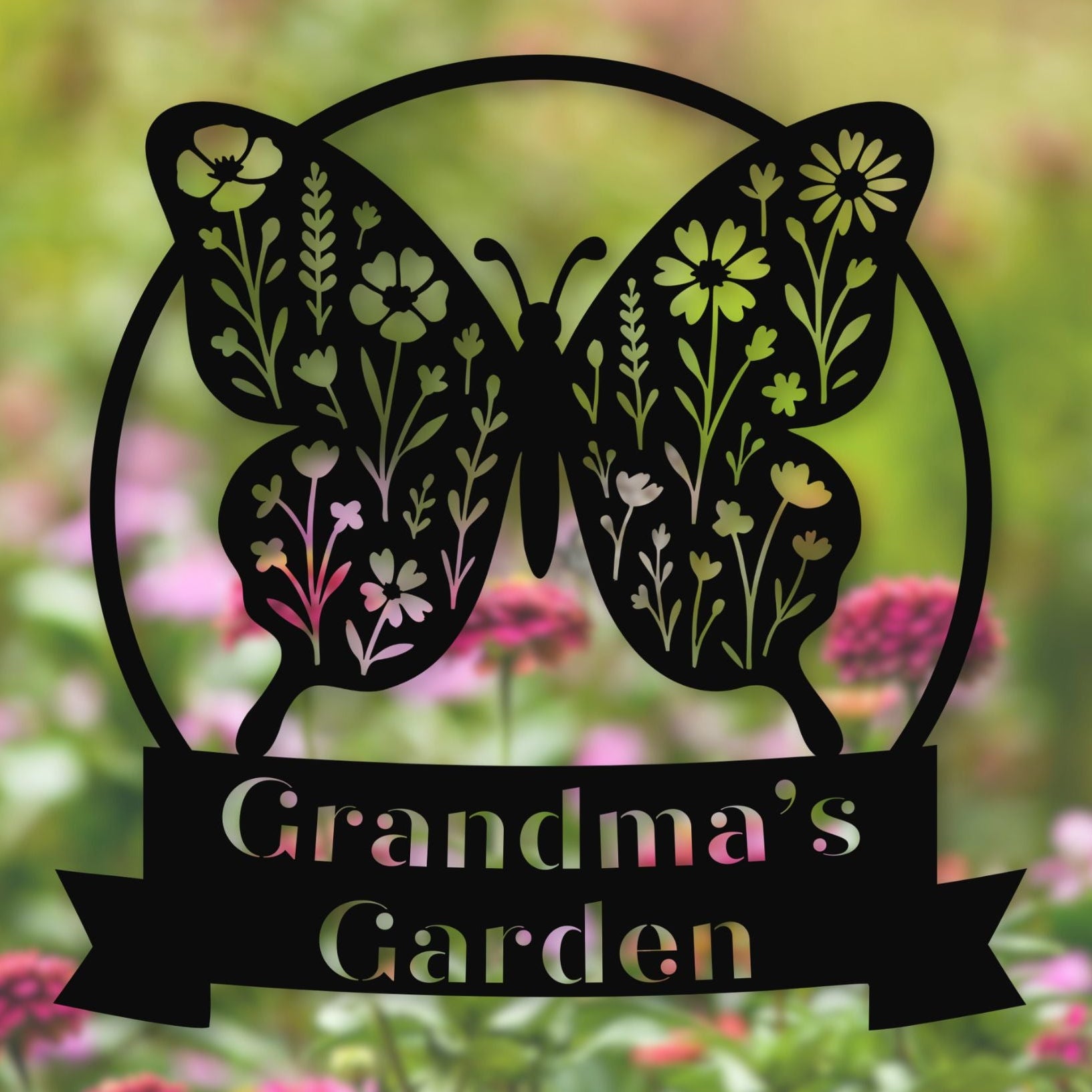 Butterfly-shaped sign with 'Grandma's Garden' text against a garden background