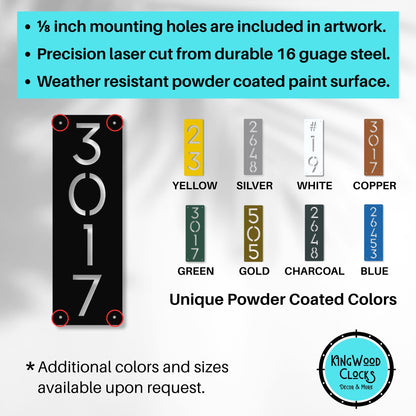 Product advertisement for a vertical sign with mounting holes, laser-cut steel, and powder-coated paint surface, featuring color options.