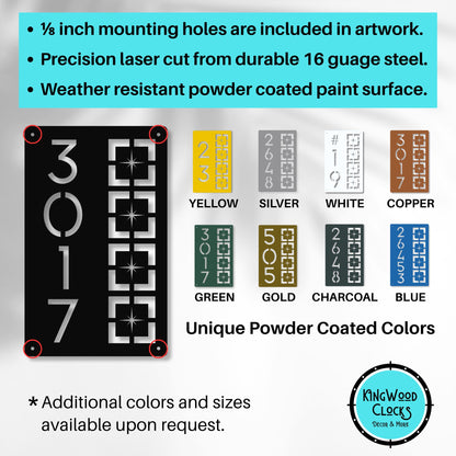 Metal Address Sign, Vertical Starburst Block showing colors and mounting holes in design
