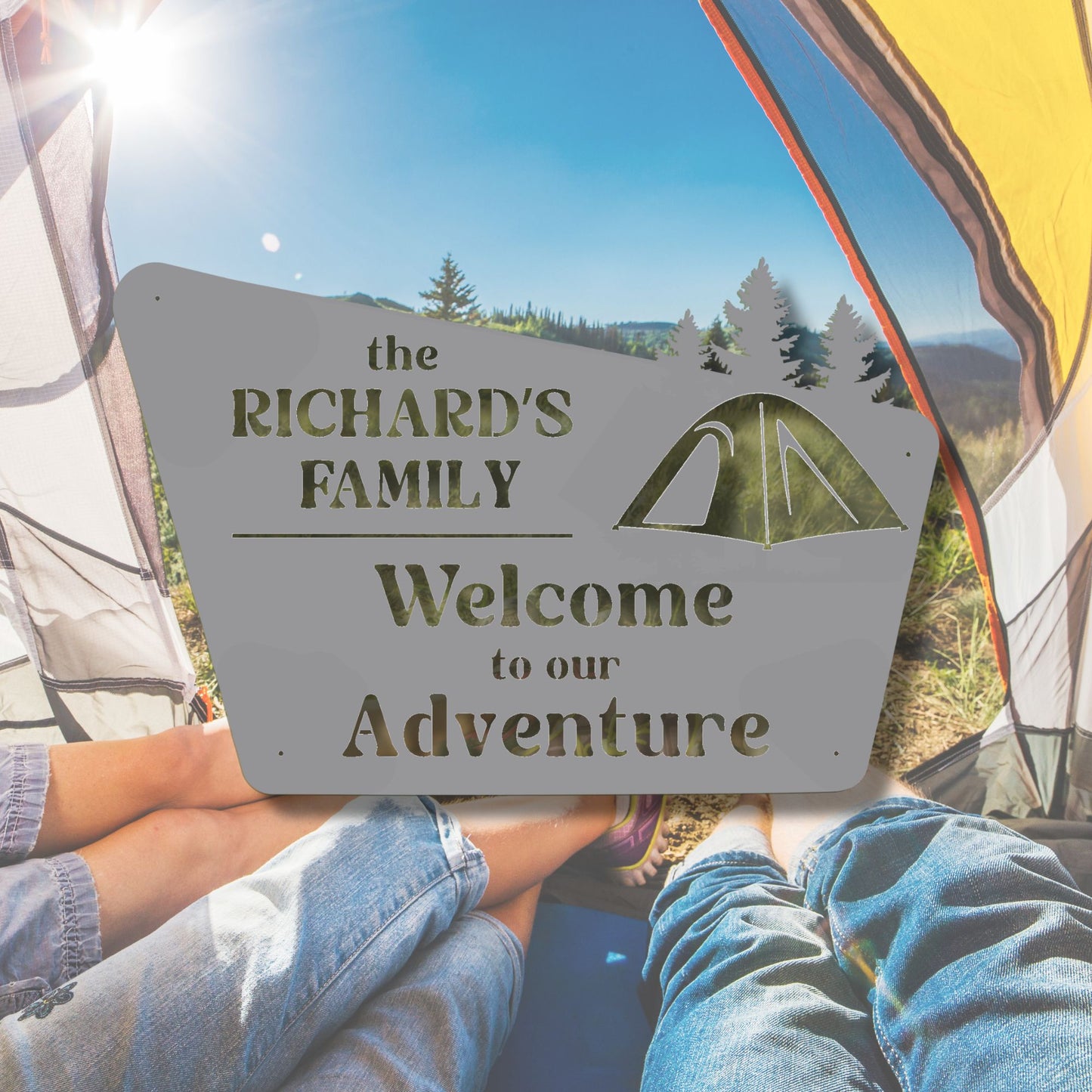 Personalized camping sign with 'the RICHARD'S FAMILY Welcome to our Adventure' text, inside a tent with a scenic view.