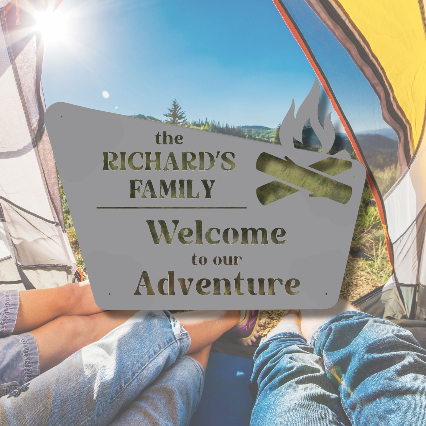 Personalized camping sign with 'the RICHARD'S FAMILY Welcome to our Adventure' text, inside a tent with a scenic view.