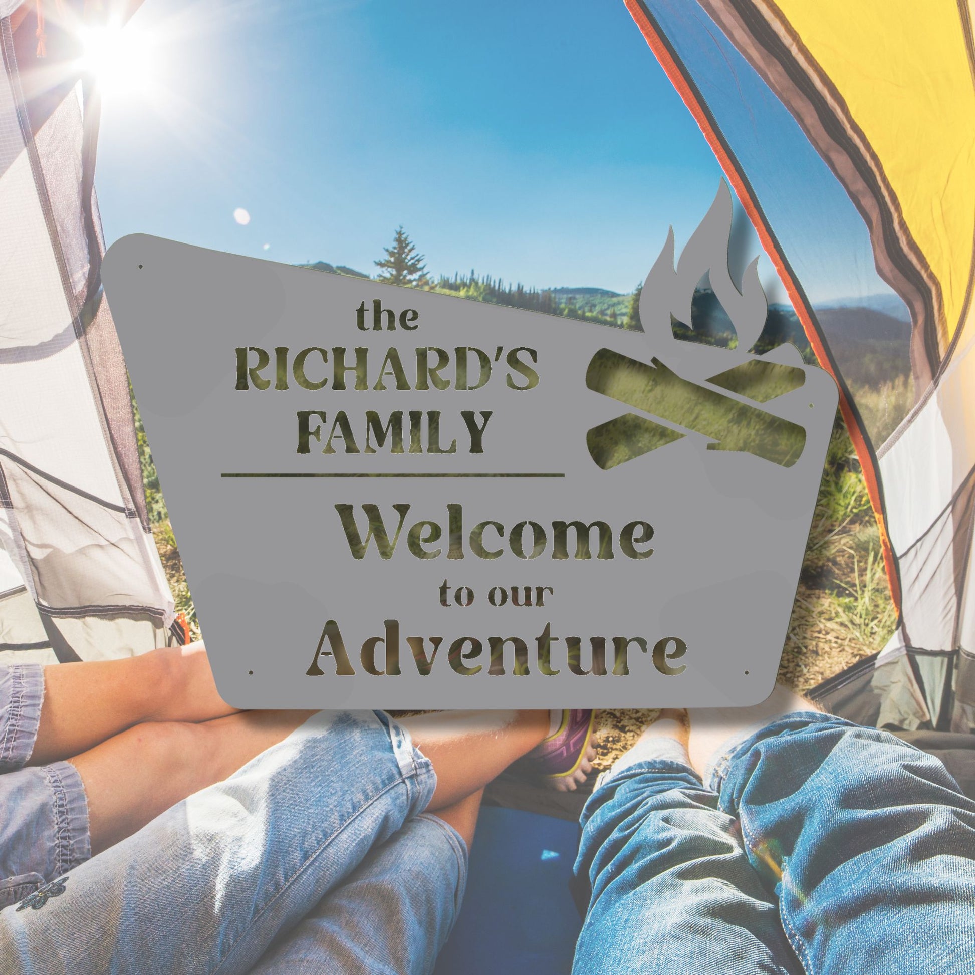 Personalized camping sign with 'the RICHARD'S FAMILY Welcome to our Adventure' text, inside a tent with a scenic view.