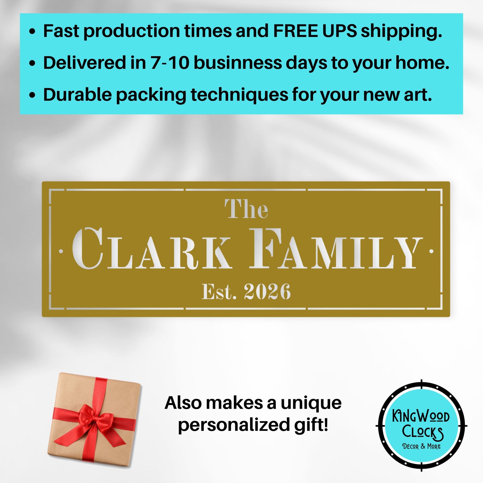 Custom Metal Name Sign, Formal Rectangle Wall Plaque gold makes a great housewarming gift