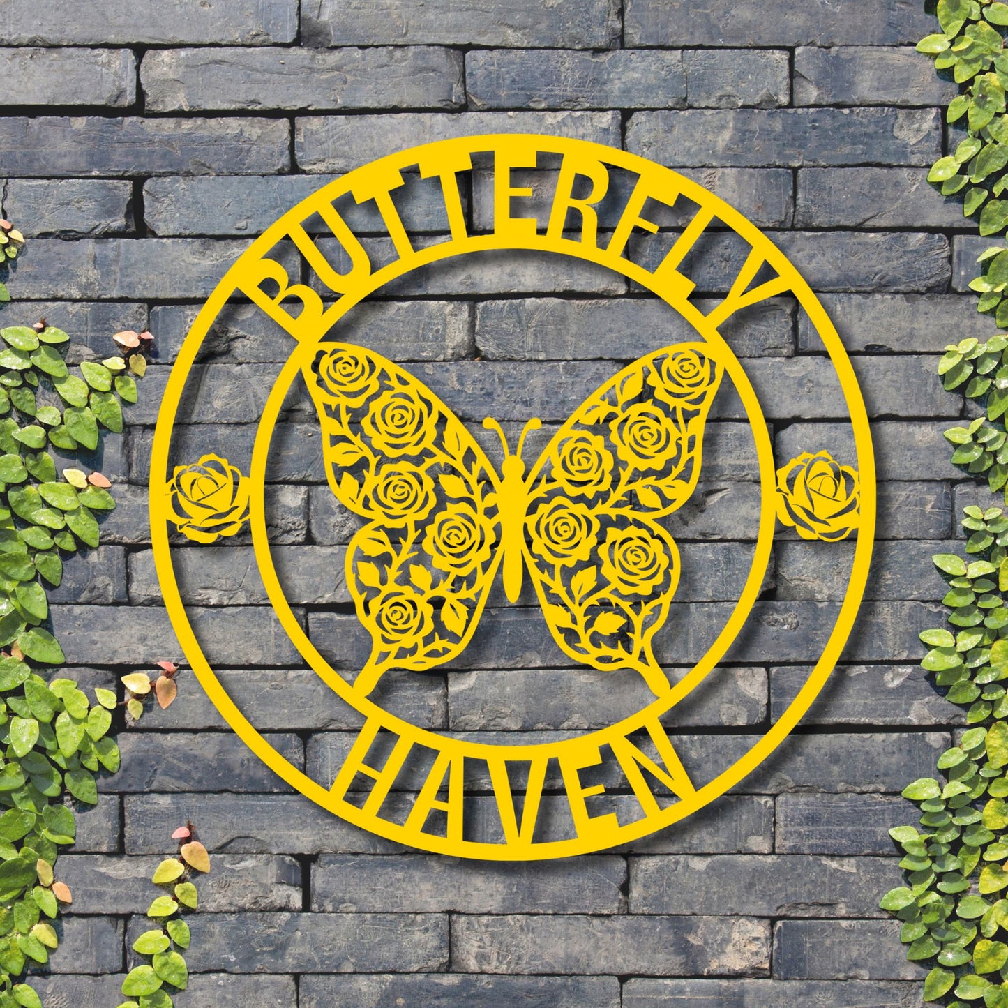 Yellow metal butterfly design with 'Butterfly Haven' text on a stone wall background