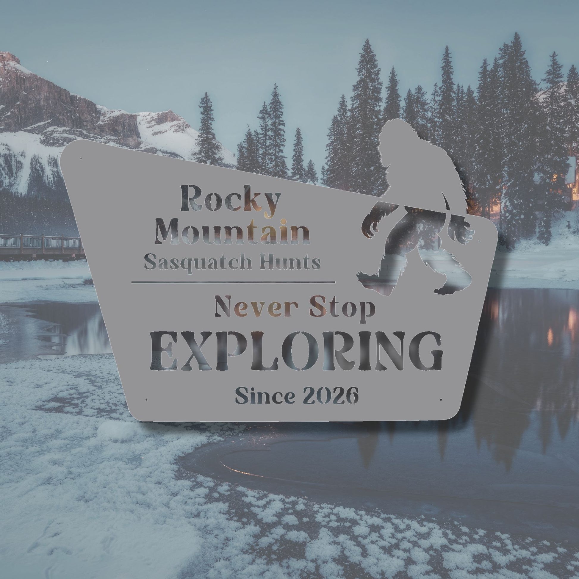 Advertisement for Rocky Mountain Sasquatch Hunts with a silhouette of a person on a mountain, set against a snowy landscape.