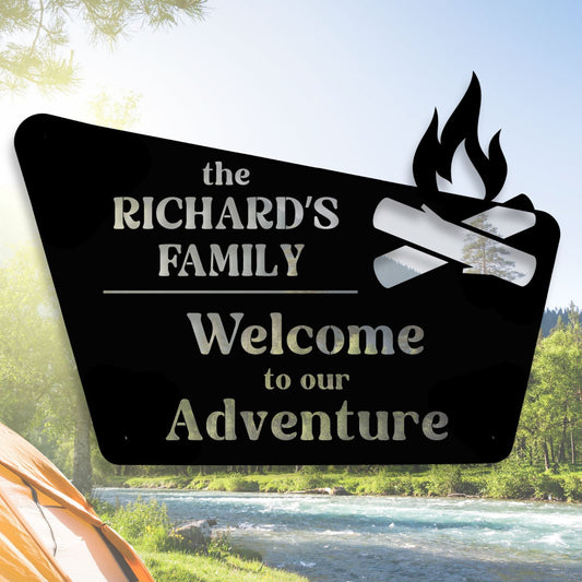 Personalized camping sign with 'the RICHARD'S FAMILY Welcome to our Adventure' text, placed over a scenic camping background with a tent and river.