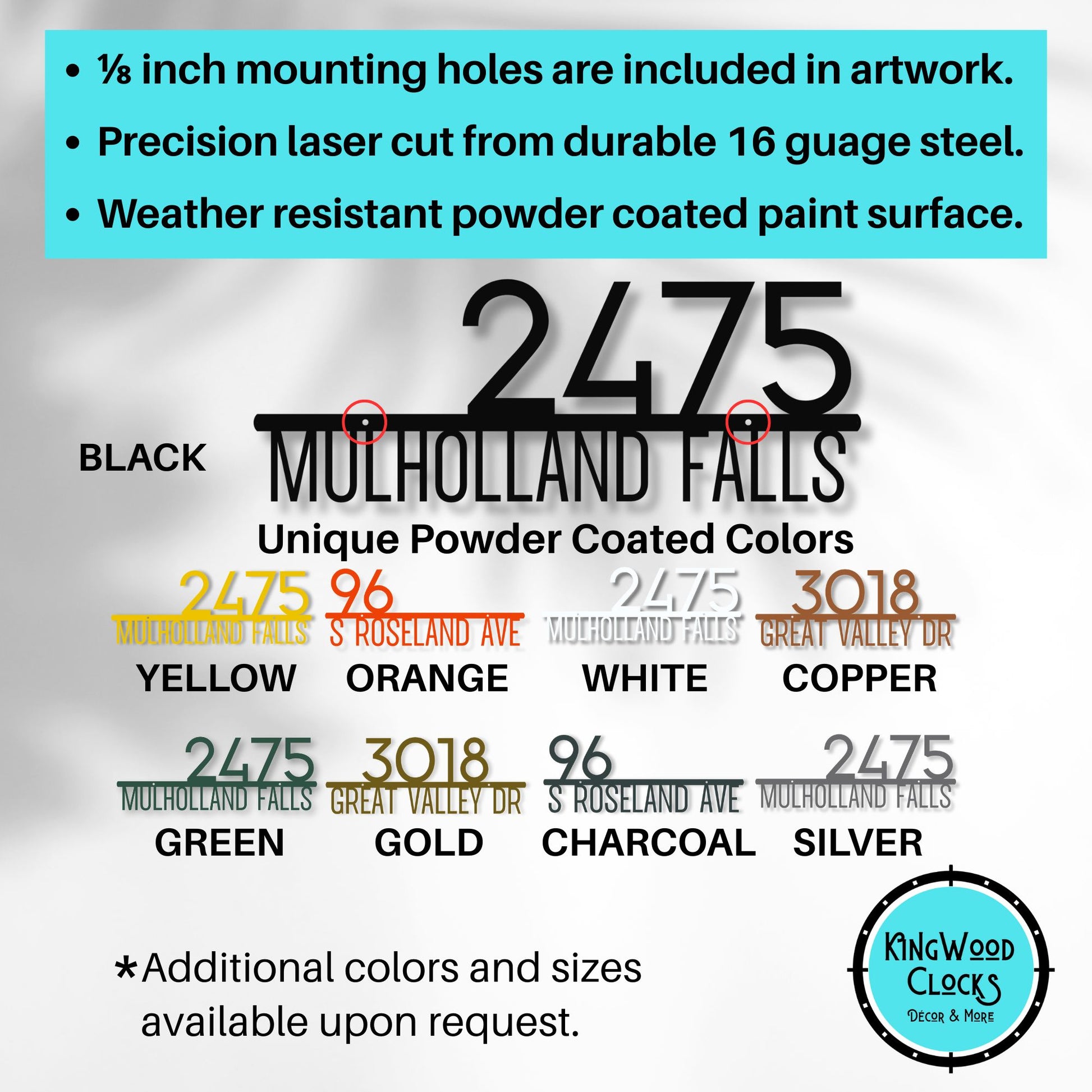 Product description card with text about mounting holes, material, and color options for a product branded as Kingwood Clocks.