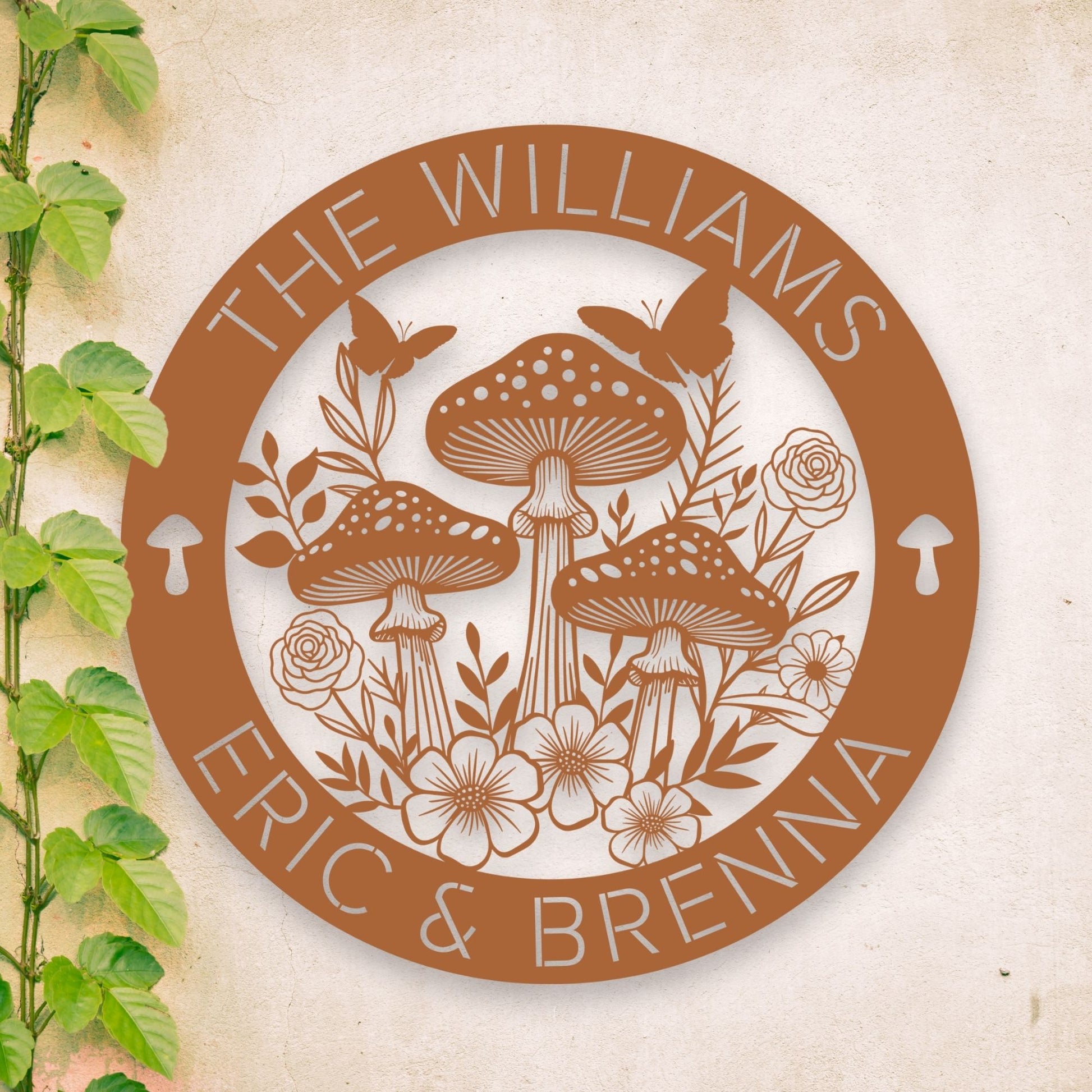 Decorative plate with mushrooms and flowers design, featuring 'The Williams Eric & Brenna' text.