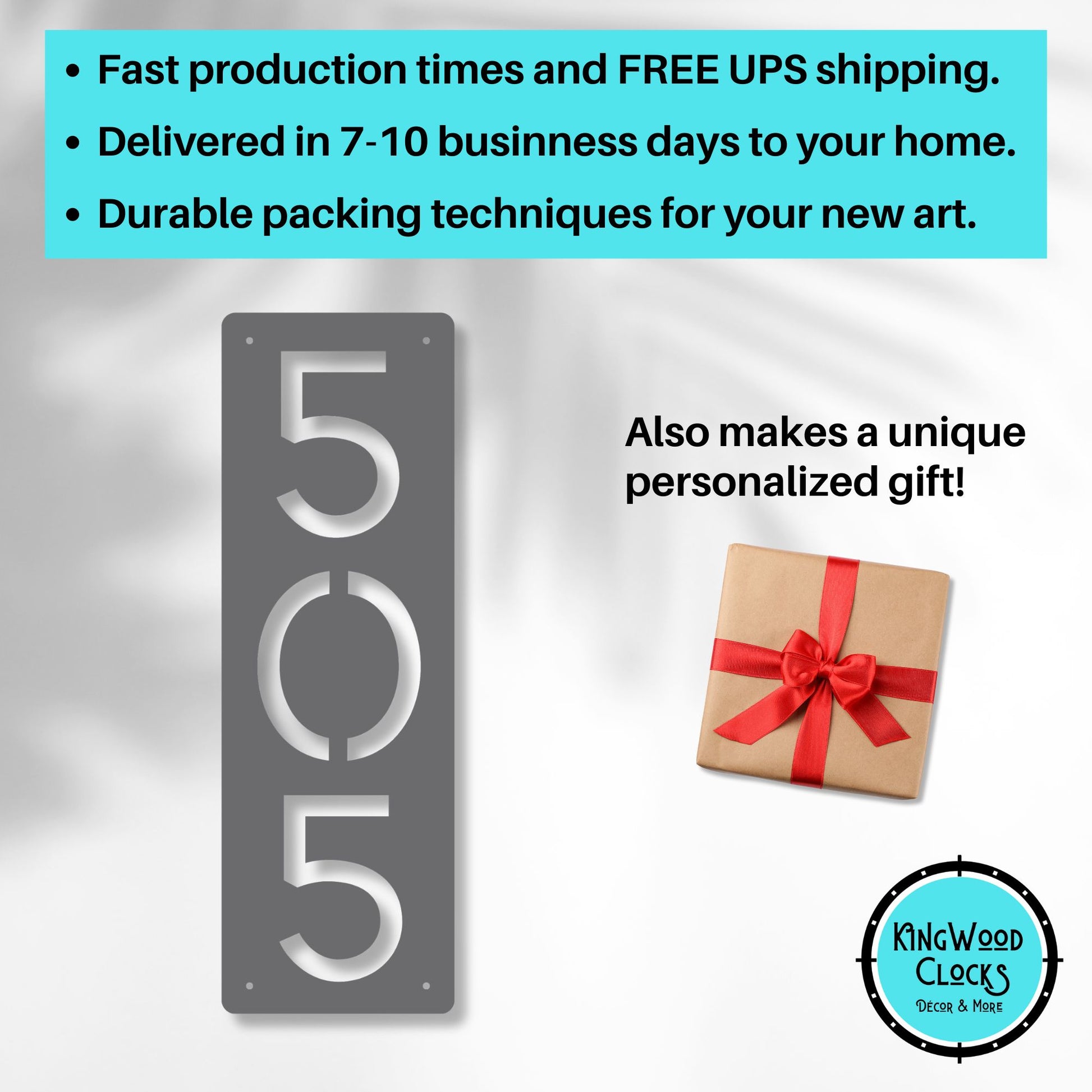 Metal address sign with '505' and a gift box with a red ribbon on a gray background, featuring promotional text about shipping and packaging.