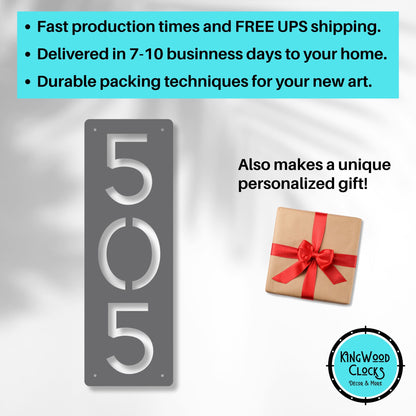 Metal address sign with '505' and a gift box with a red ribbon on a gray background, featuring promotional text about shipping and packaging.