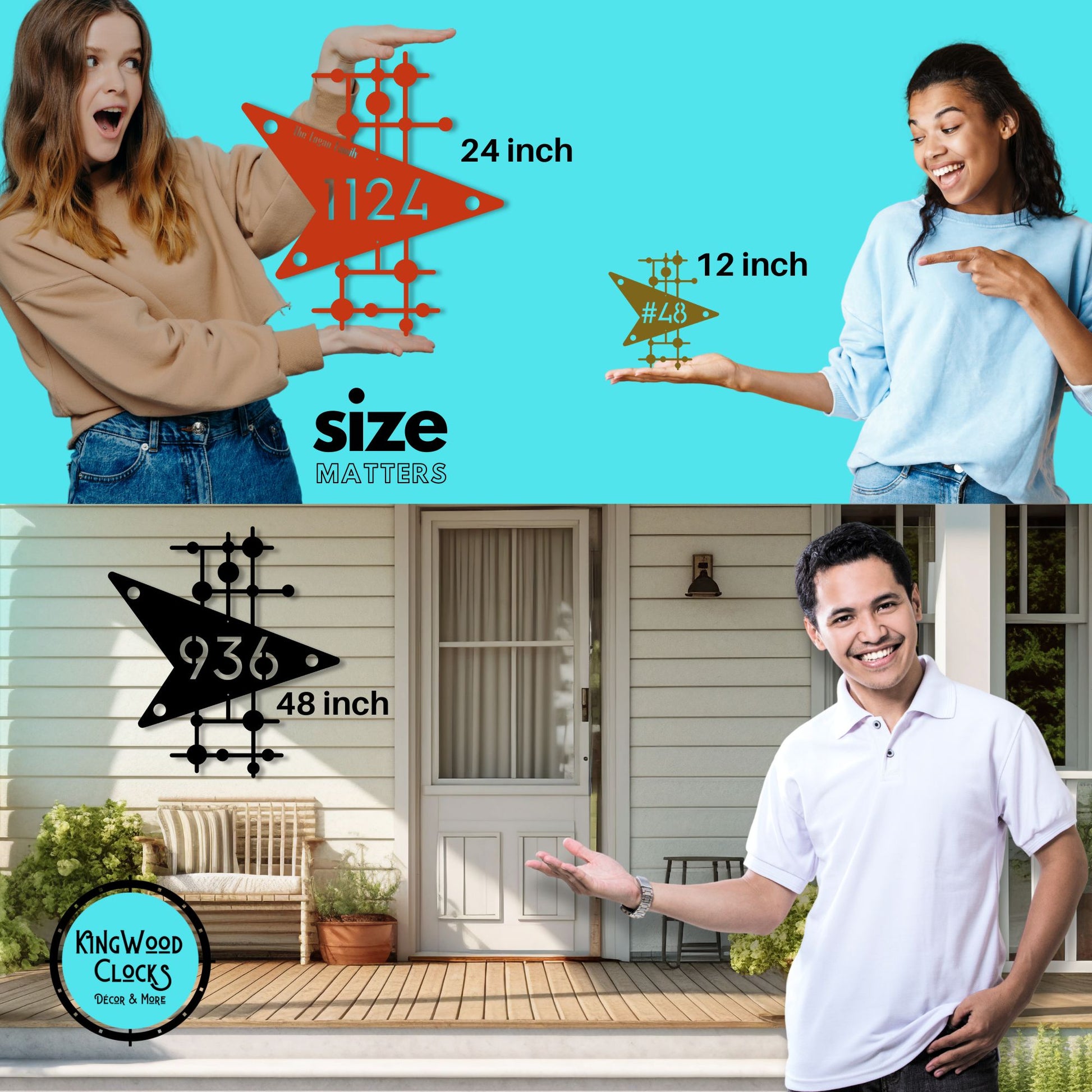 Promotional collage of people holding decorative metal stars with size and brand information.