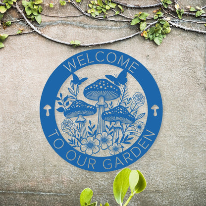 Circular blue logo with mushrooms and flowers on a stone surface, featuring the text 'Welcome to our garden'.