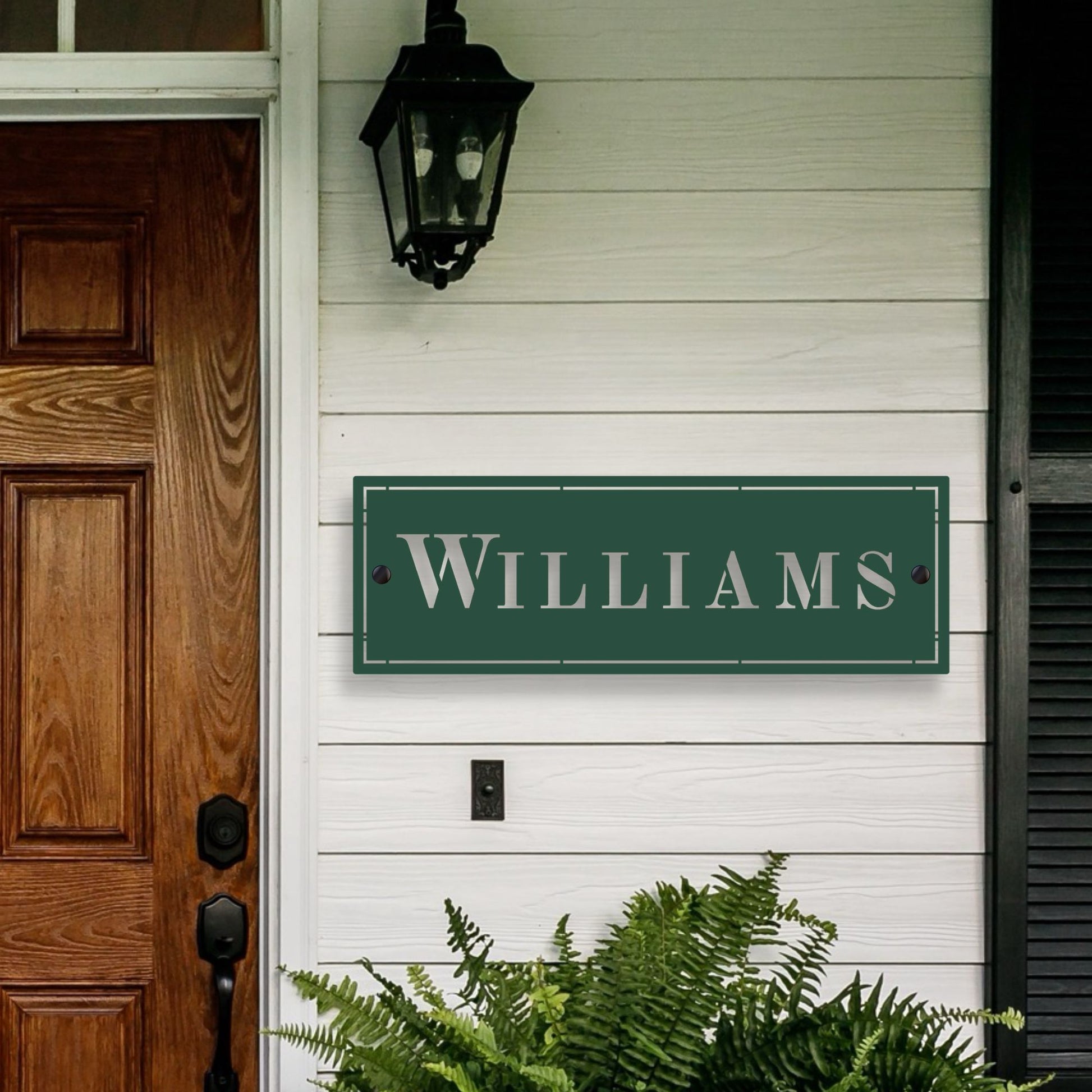 Custom Metal Name Sign, Formal Rectangle Wall Plaque green mounted on front porch entry at front door