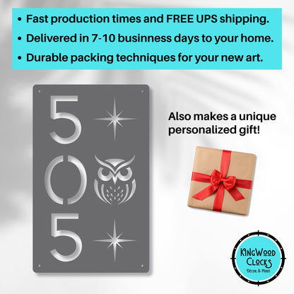 Metal sign with numbers and owl design, accompanied by a gift box and promotional text about fast shipping and personalized gifts.