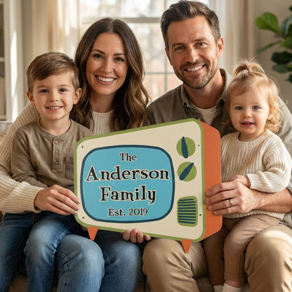 Family of four holding a sign that reads 'The Anderson Family Est. 2019' in a warm indoor setting.