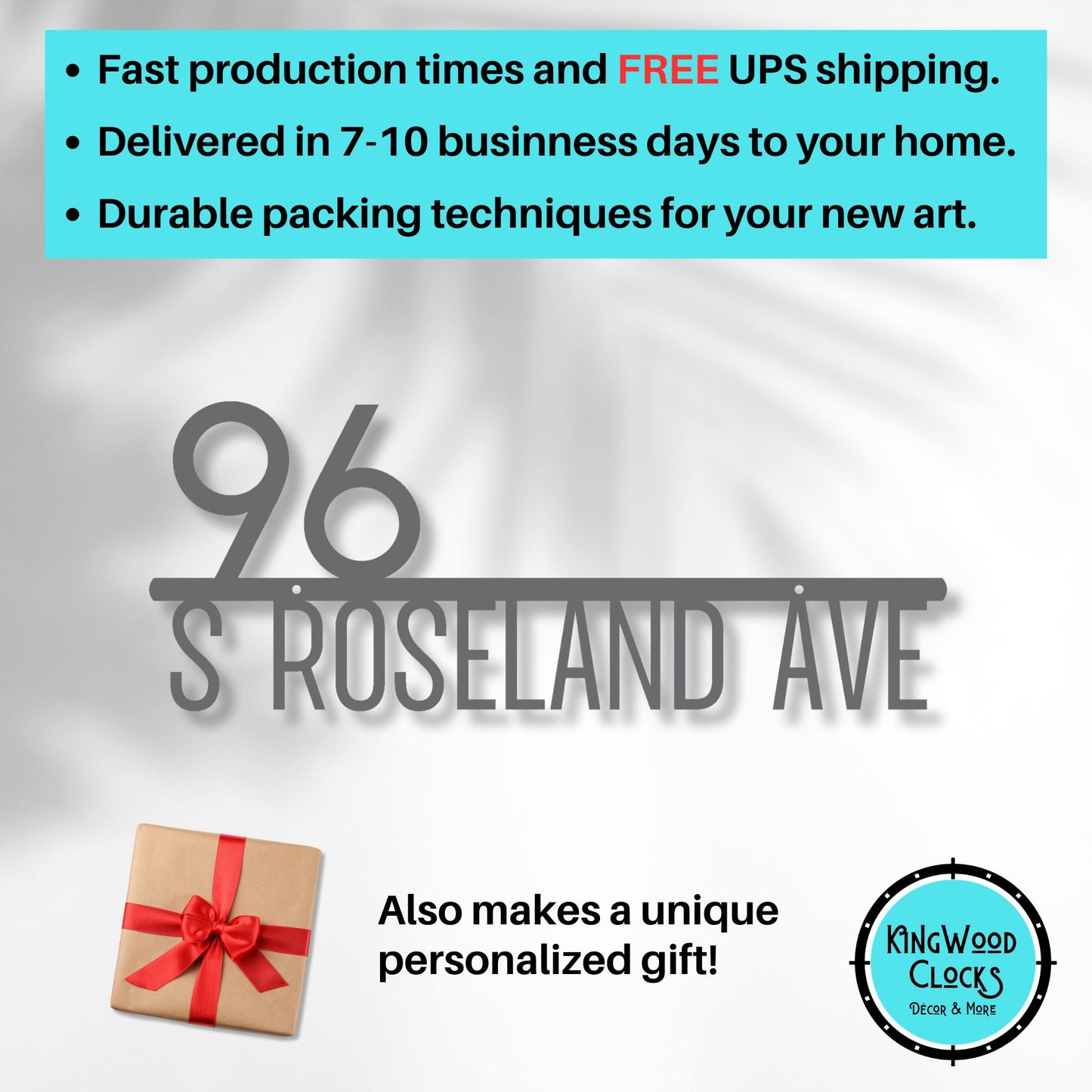 Address sign with promotional text about fast production times, free UPS shipping, and durable packaging.