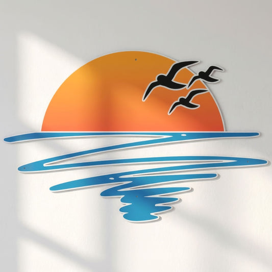 Decorative wall art with an orange sun, blue waves, and black birds on a white background