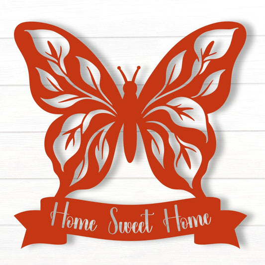 Custom Floral Butterfly Garden Wall Sign orange on white shiplap wall