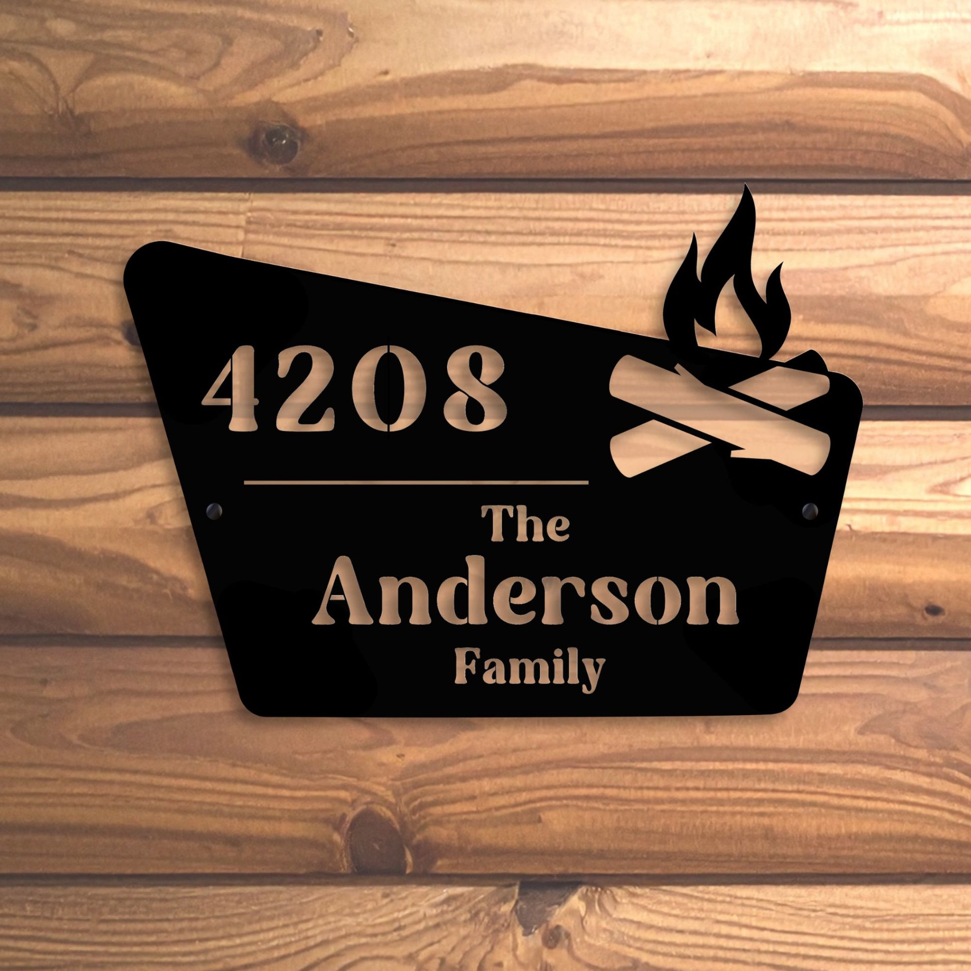 Personalized house number sign with 'The Anderson Family' on a wooden background