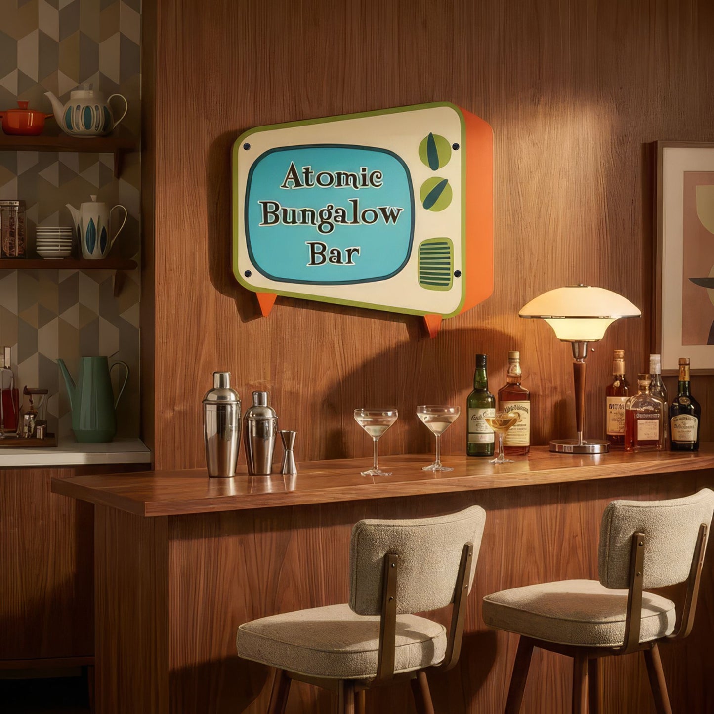 Bar setup with 'Atomic Bungalow Bar' sign, bottles, and glasses in a retro-styled room.