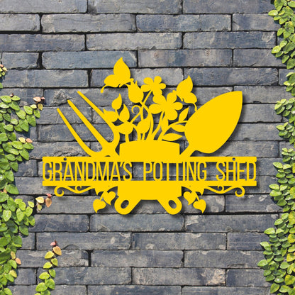 Yellow metal sign with 'Grandma's Potting Shed' text against a stone wall.