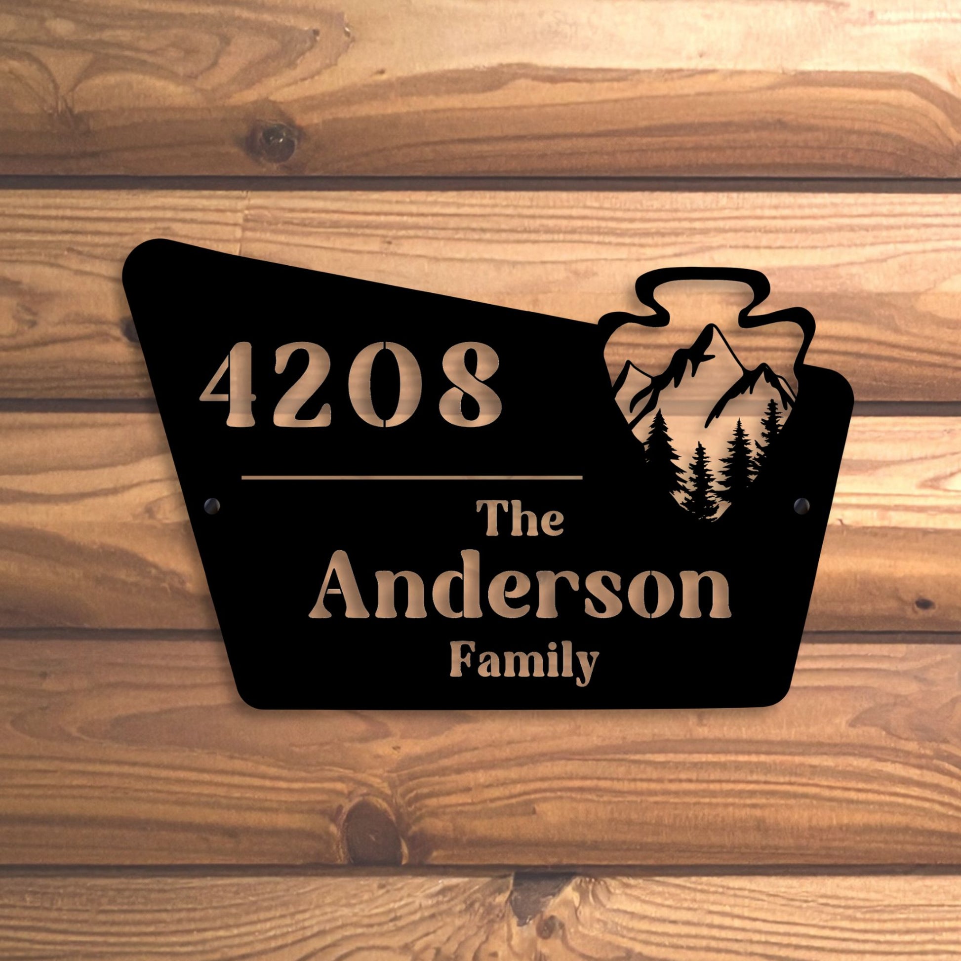 Personalized house number sign with 'The Anderson Family' on a wooden background