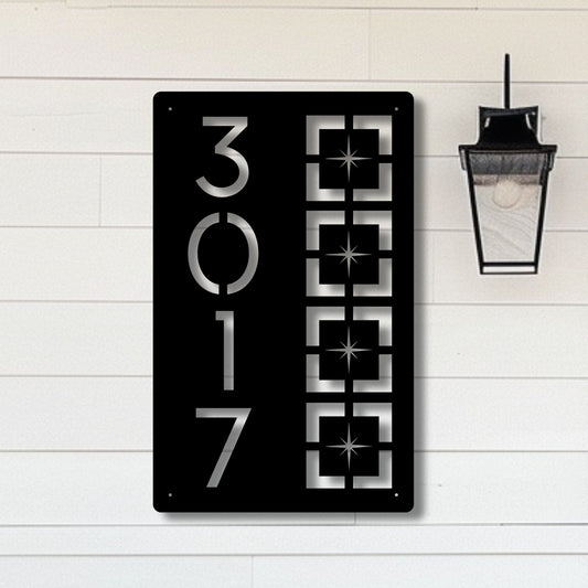 Metal Address Sign, Vertical Starburst Block in bold black on white siding