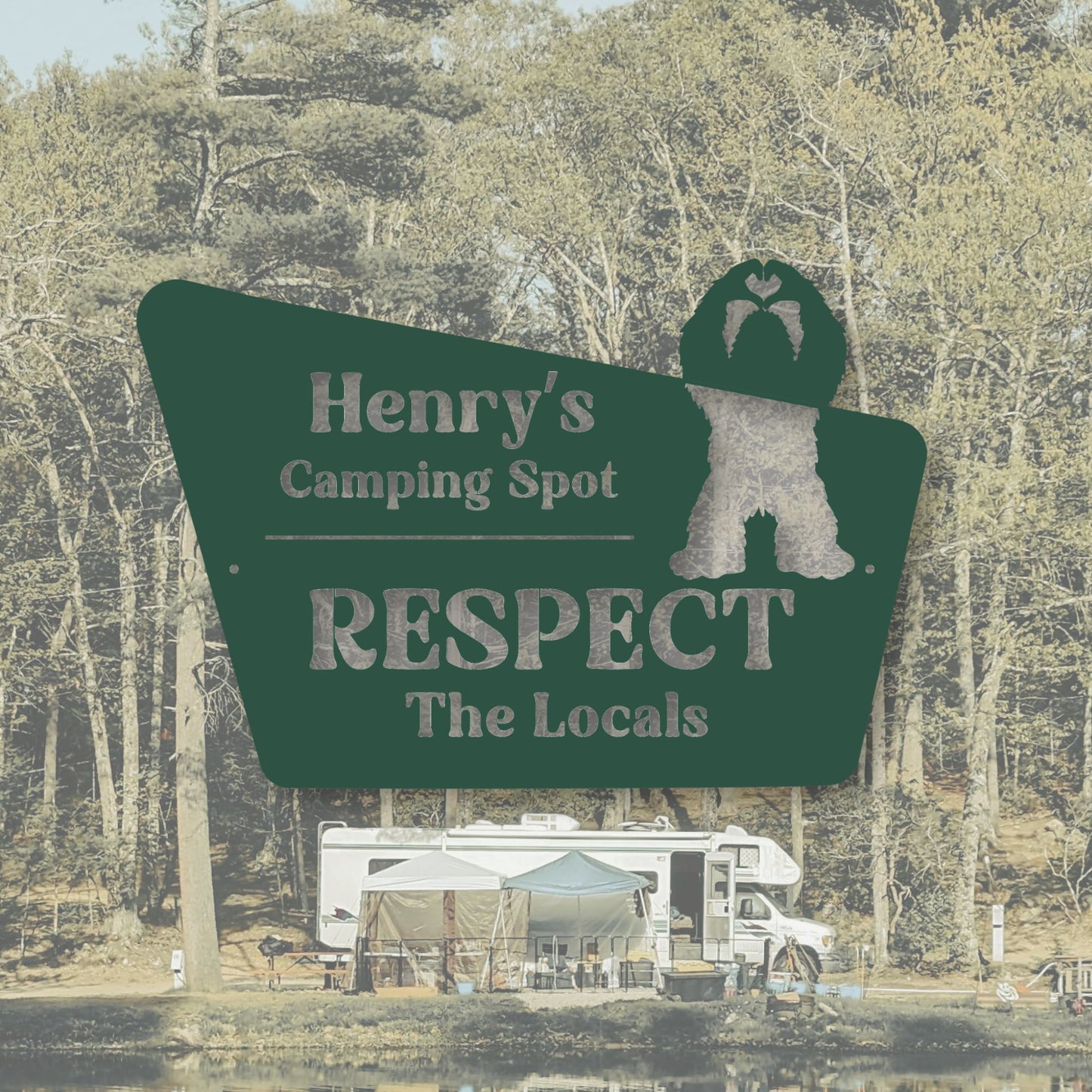 Sign for 'Henry's Camping Spot' with a bear silhouette and text, set against a forest background.