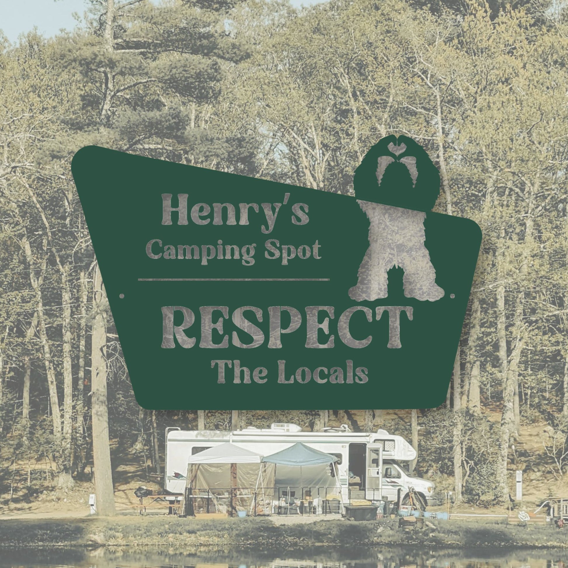 Sign for 'Henry's Camping Spot' with a bear silhouette and text, set against a forest background.