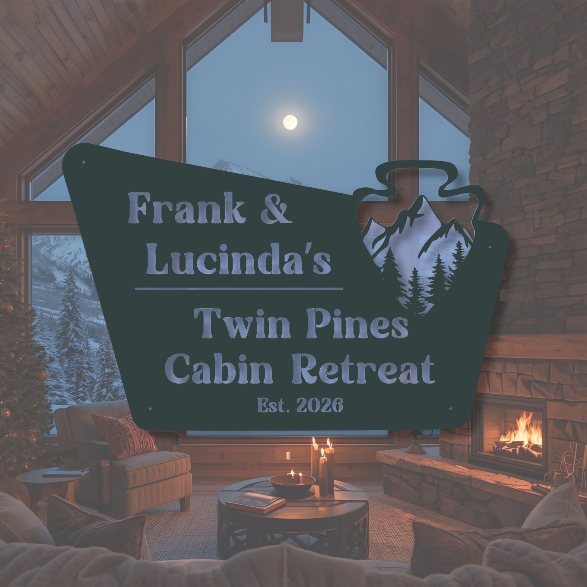 Cozy cabin interior with 'Frank & Lucinda's Twin Pines Cabin Retreat' sign.
