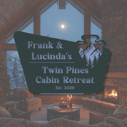 Cozy cabin interior with 'Frank & Lucinda's Twin Pines Cabin Retreat' sign.