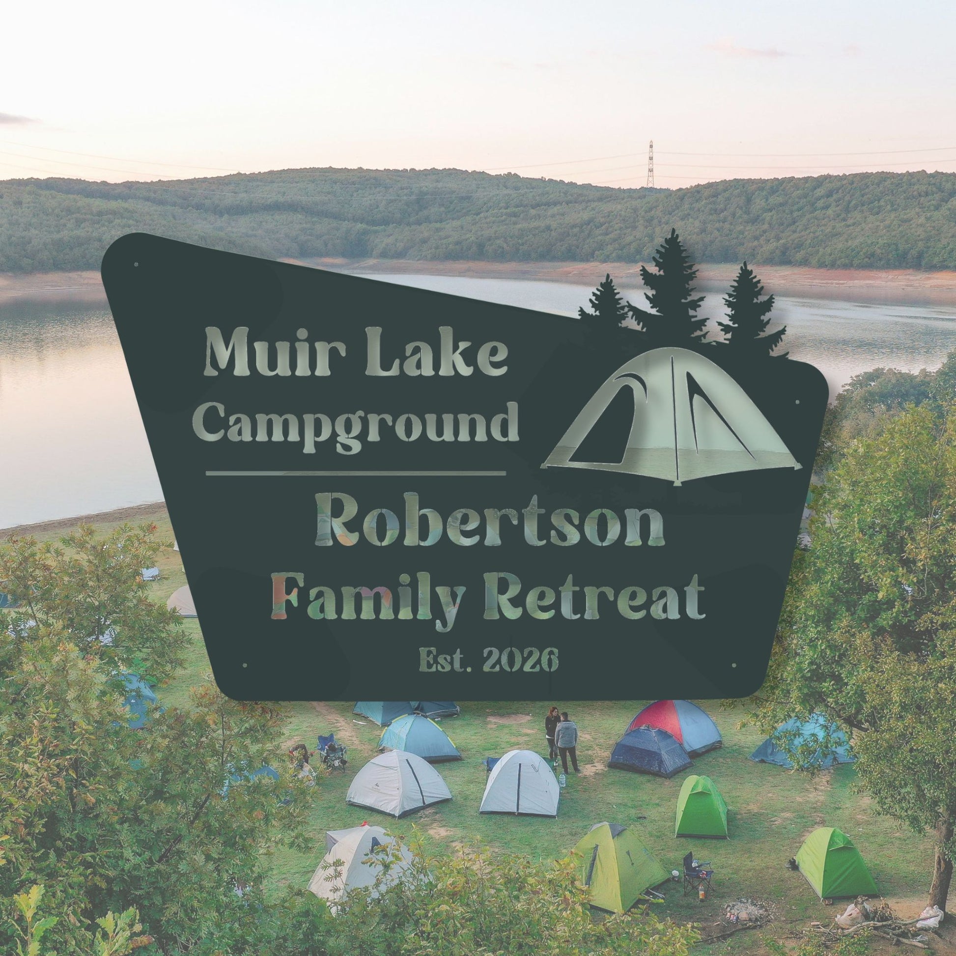 Camping scene with tents and a sign for Muir Lake Campground Robertson Family Retreat.