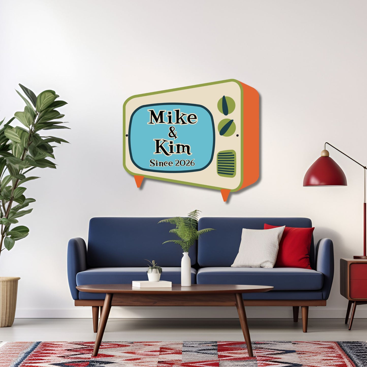 Decorative wall art with 'Mike & Kim Since 2020' text in a living room setting.