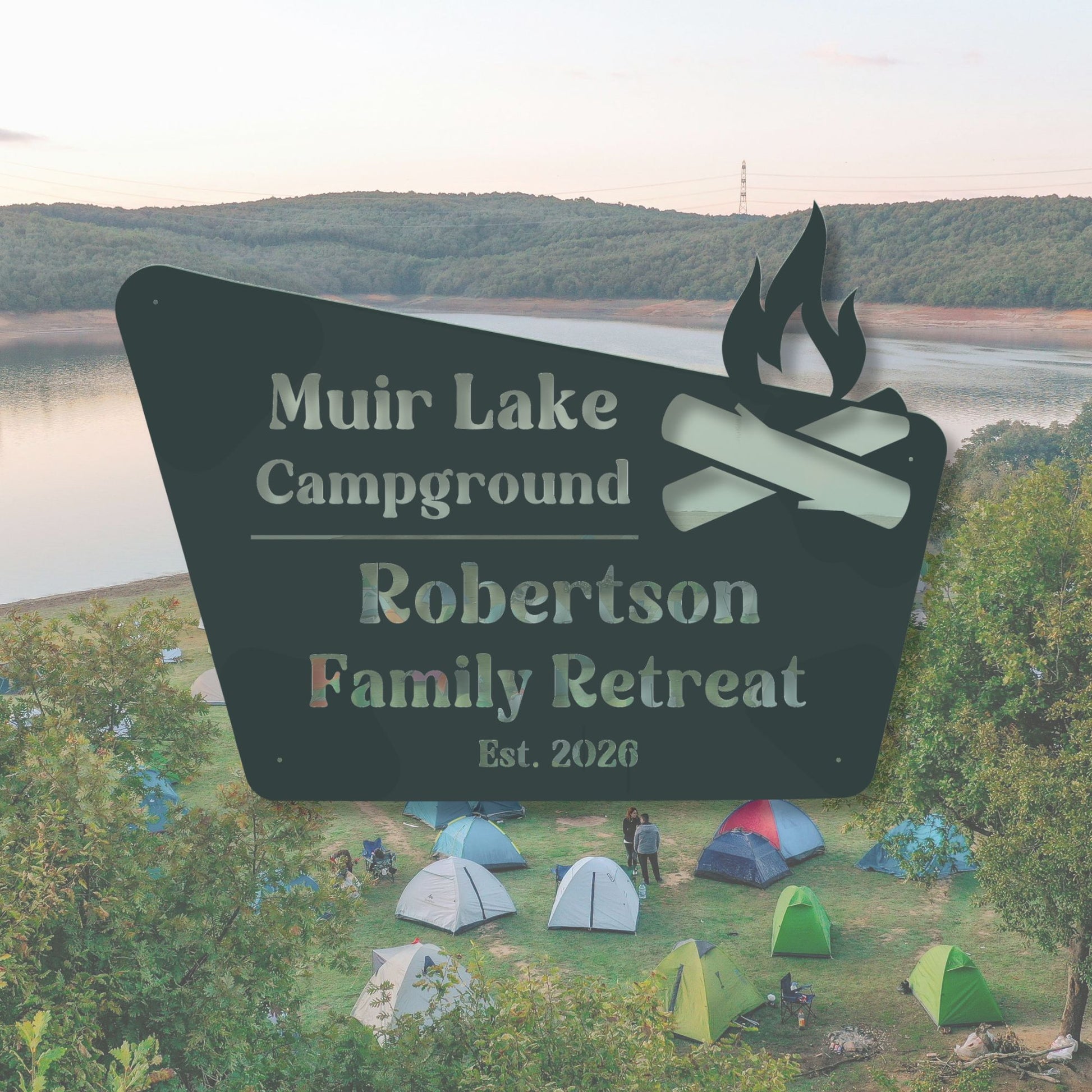 Muir Lake Campground Robertson Family Retreat sign with tents in the background