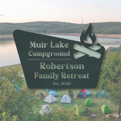 Muir Lake Campground Robertson Family Retreat sign with tents in the background