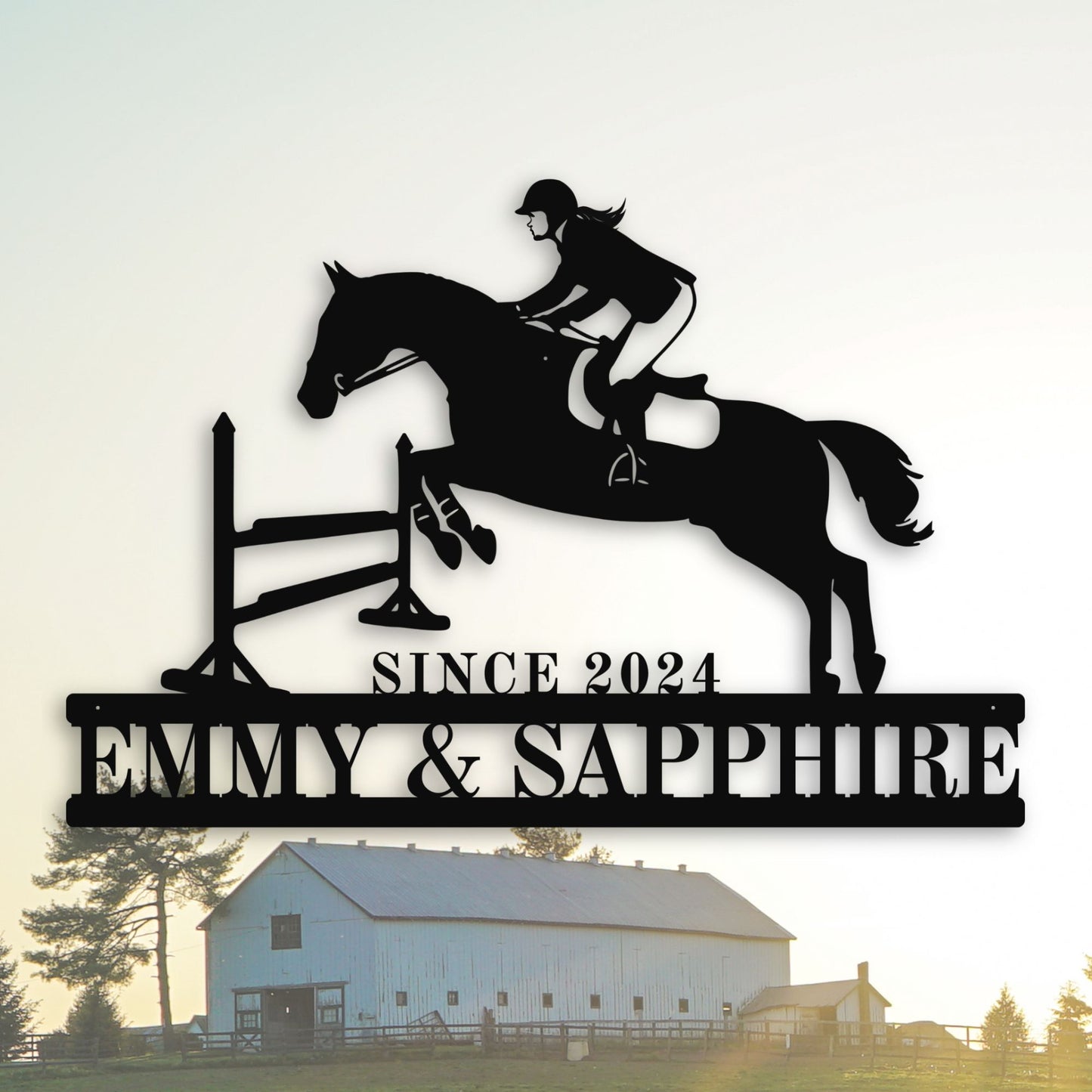 Decorative metal sign with horse and rider design, 'SINCE 2024 EMMY & SAPPHIRE', against a white background.