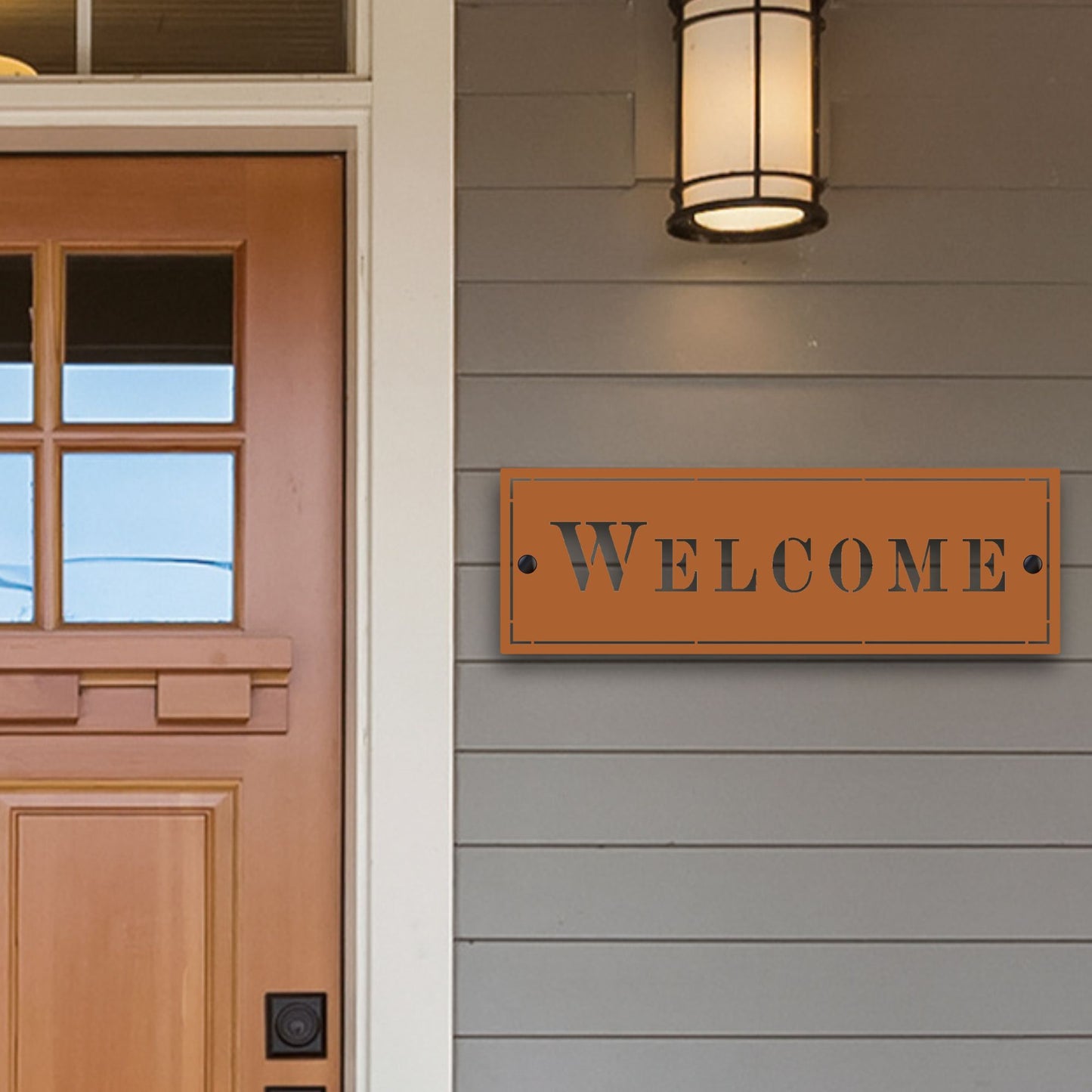 Custom Metal Name Sign, Formal Rectangle Wall Plaque copper on front porch entryway