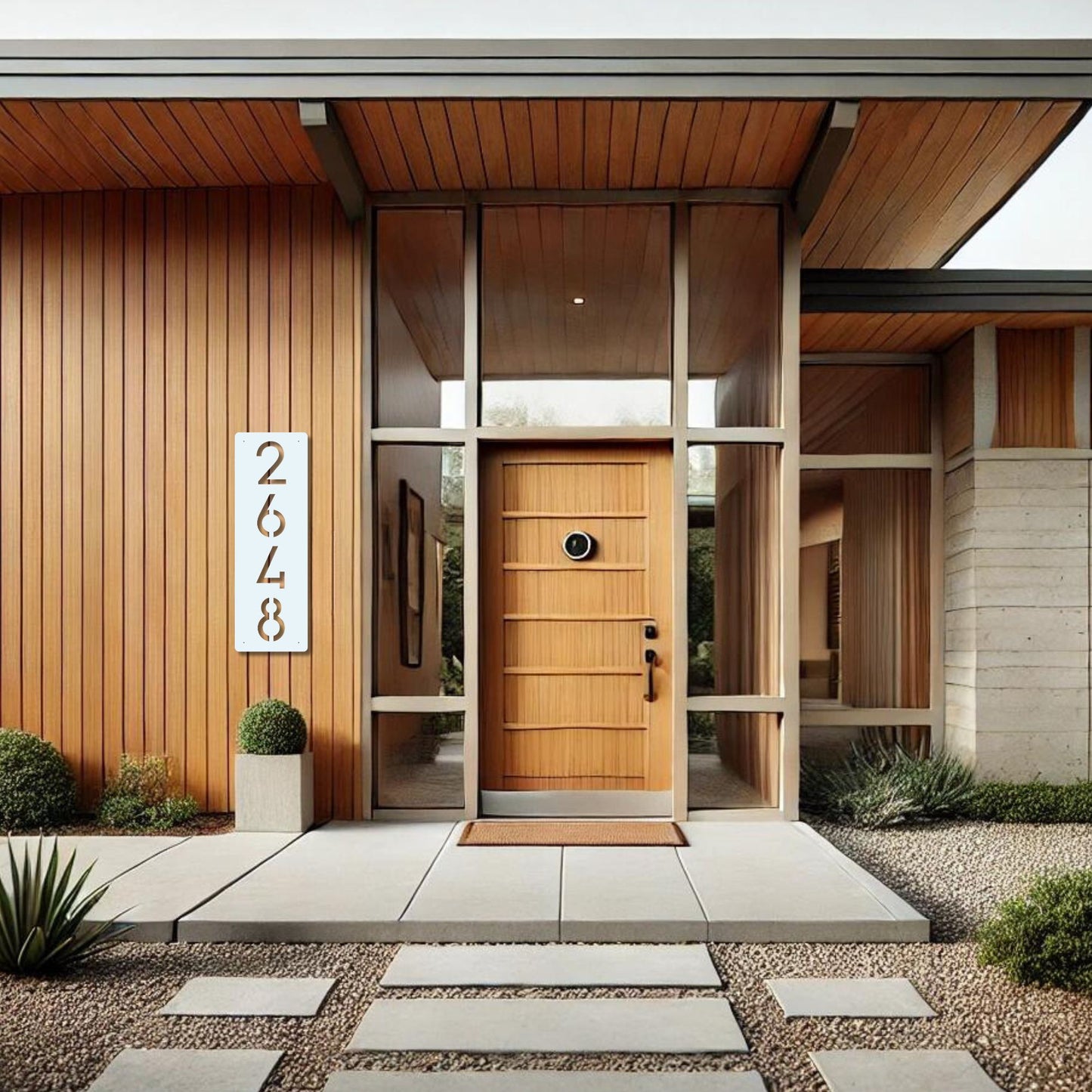 Modern house entrance with wooden door and address numbers