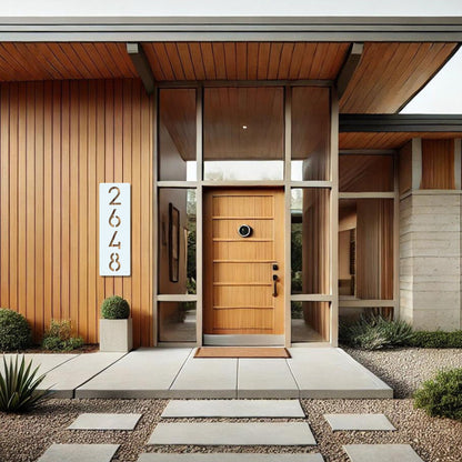 Modern house entrance with wooden door and address numbers