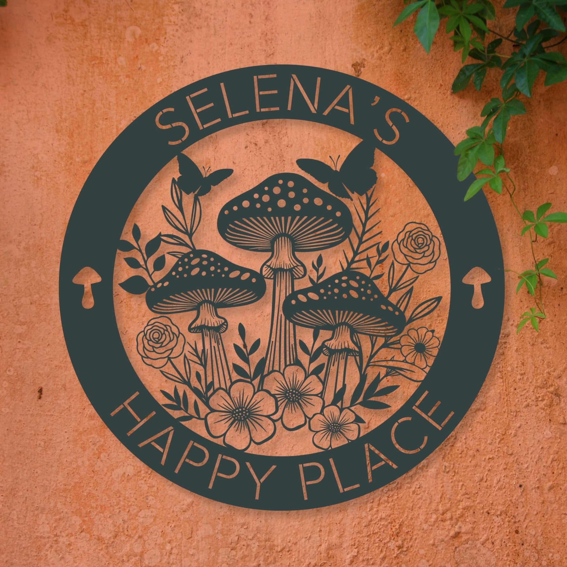 Decorative sign with mushrooms, flowers, and text 'Selena's Happy Place' on a textured orange background.