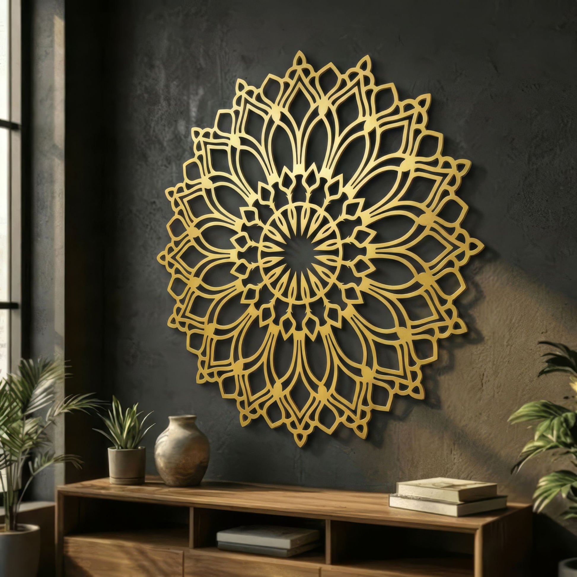 Decorative gold wall art on a dark wall with a wooden shelf and plants.
