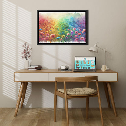 Rainbow Watercolor Wildflower Framed Canvas, Multicolor Flower Field Landscape Hanging Art, Unique Colorful Floral Picture Gift Nature Lover