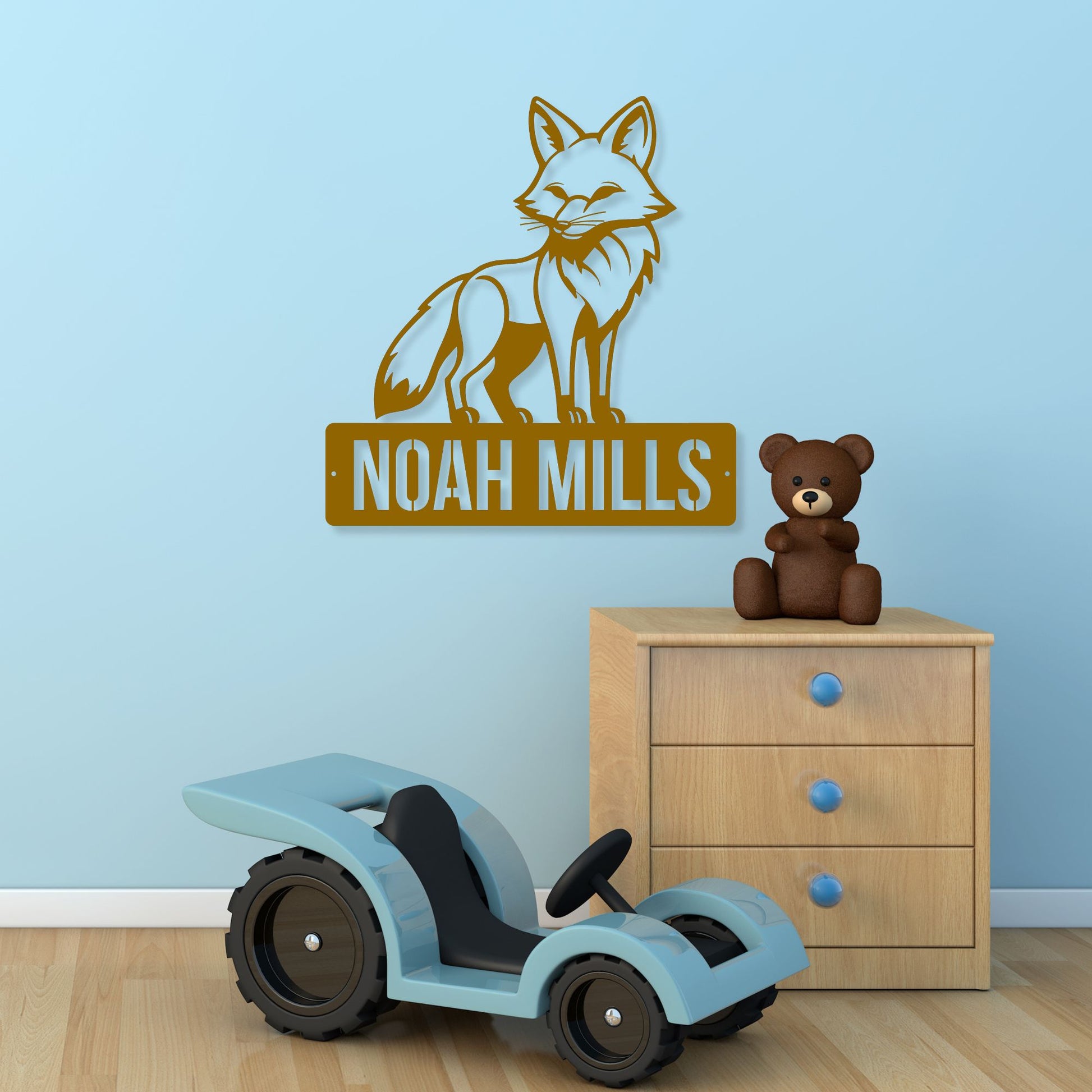 Custom Boy's Name Sign, Sly Fox Metal Wall Art, Personalized Kids Bedroom Decor, Animal Theme Playroom, Over The Bed Plaque, Sons Birthday Gift