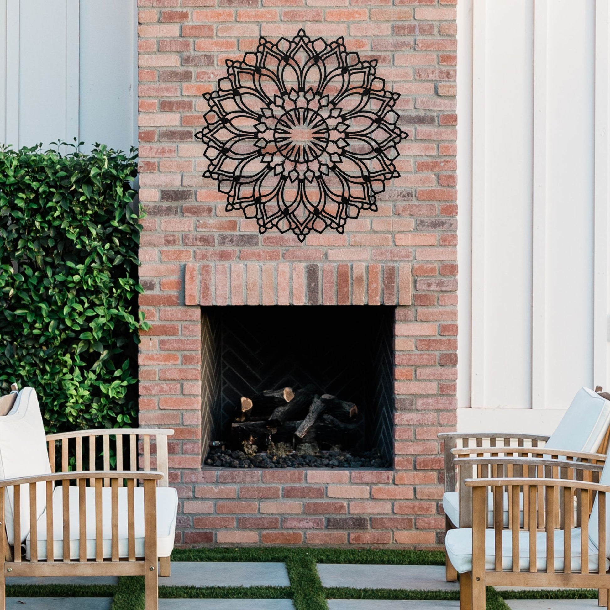 Lotus Flower Mandala Metal Wall Art on outdoor patio over fireplace