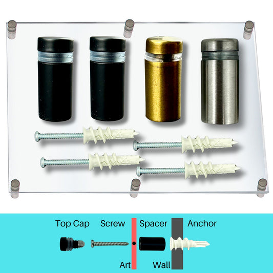 Set of wall mounting hardware components on a clear acrylic board with labeled parts.