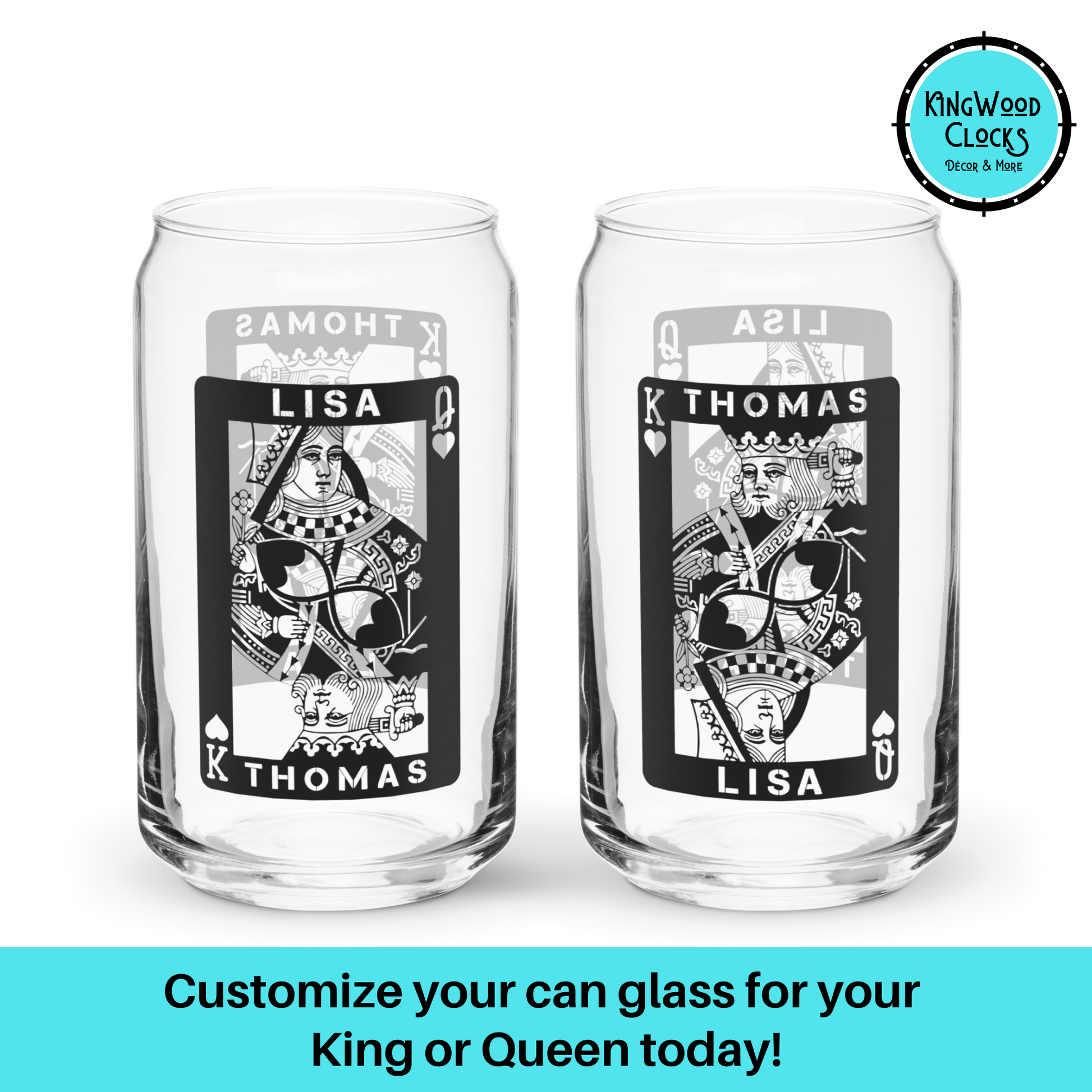 Personalized King & Queen Can-Shaped Drinking Glass, Couples Bar Drinkware, Engagement and Wedding Gifts, Custom Ice Coffee Cup, Him and Her