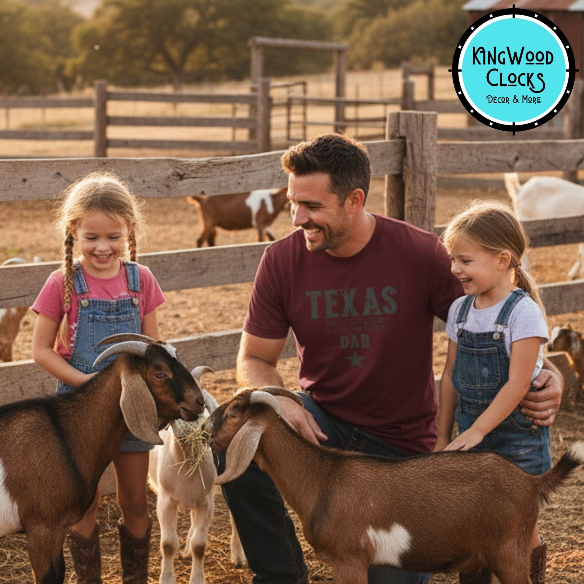 Man with two young girls interacting with goats in a farm setting, with Kingwood Clocks logo in the corner.