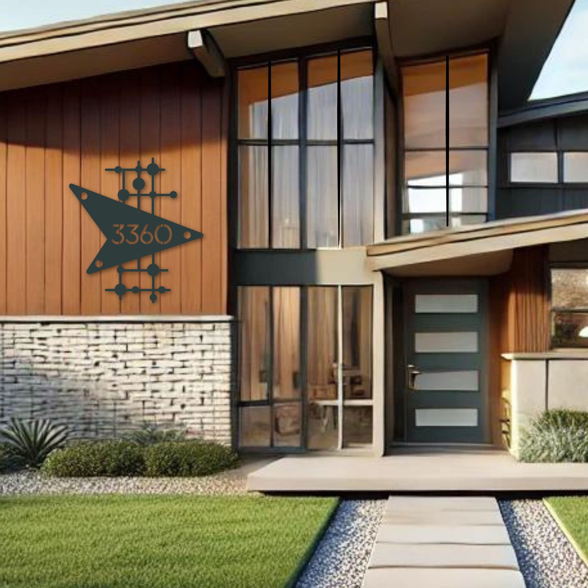 Modern house exterior with a decorative number sign on the wall